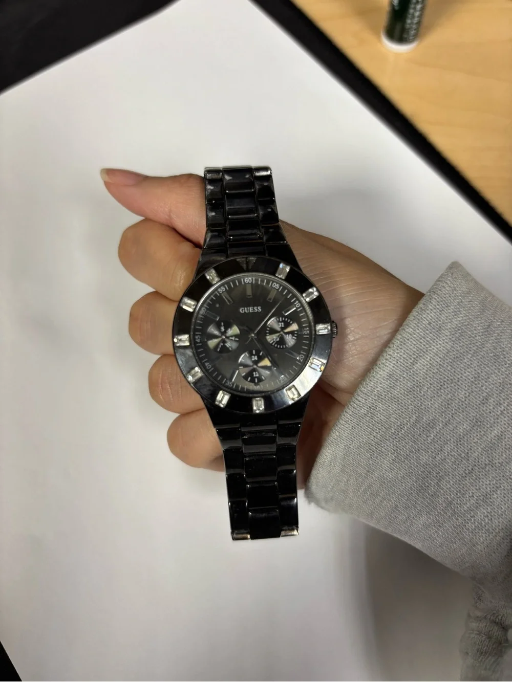 Guess Glisten Stainless Steel Black Bracelet Watch with Crystal Markers